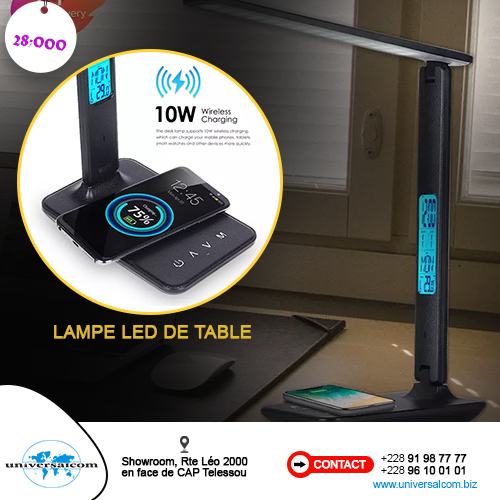LAMPE DE TABLE LED 10W-HORLOGE ET CHARGEUR